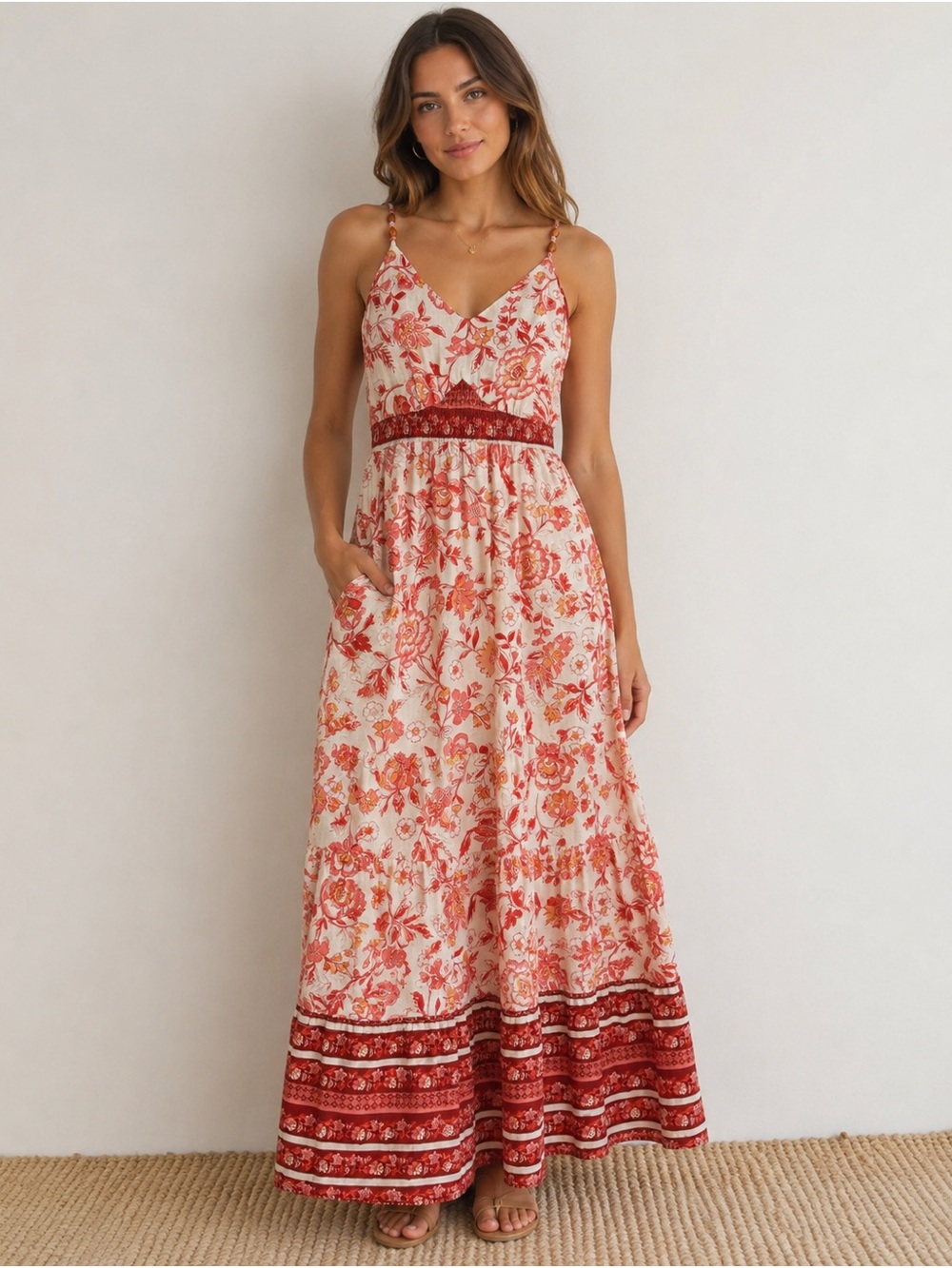 Rachel Zoe Cream Maxi Linen Blend Dress with Red Floral Print